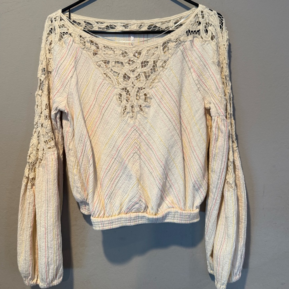 Free People Cream Lace Detail Blouse fits like a small